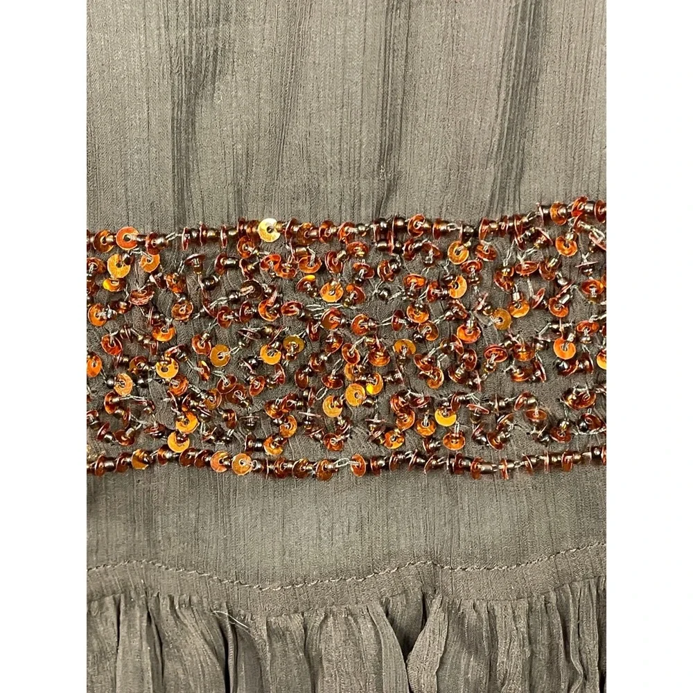 ECHO SCARF Brown Sequin Trim‎ Art to wear Artsy Lightweight Semisheer Bohemian